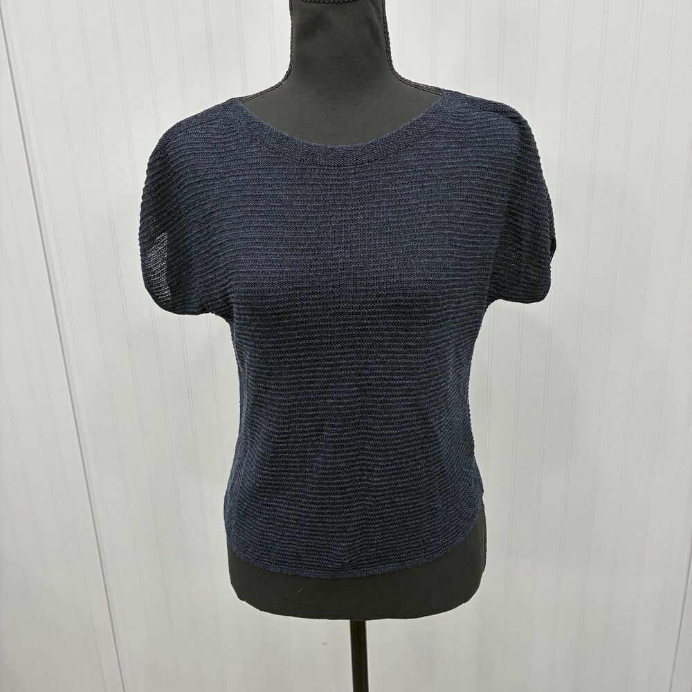 Ines De La Fressange Women's Small Blue Linen Blend Short Sleeve Blouse Luxury